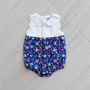 Jacadi Girls White Scalloped Collar Bubble Romper Bodysuit Blue Apple 12 Months